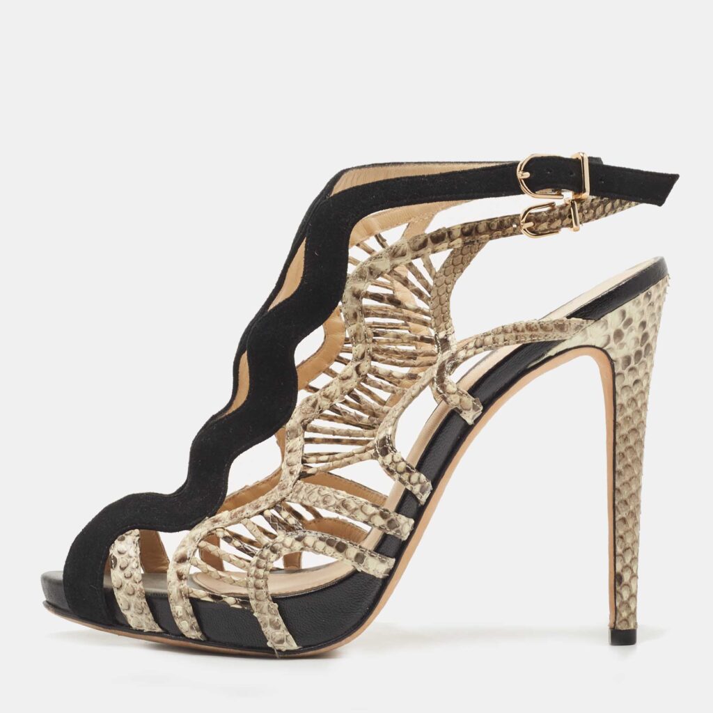 luxury-women-alexandre-birman-used-shoes-p811996-003 Alexandre Birman Black Suede and Python Leather Cut Out Slingback Sandals Size 40