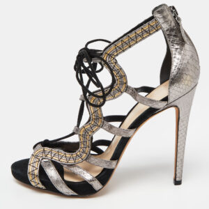 Alexandre Birman Metallic Python Embossed Leather Strappy Ankle Tie Sandals Size 40