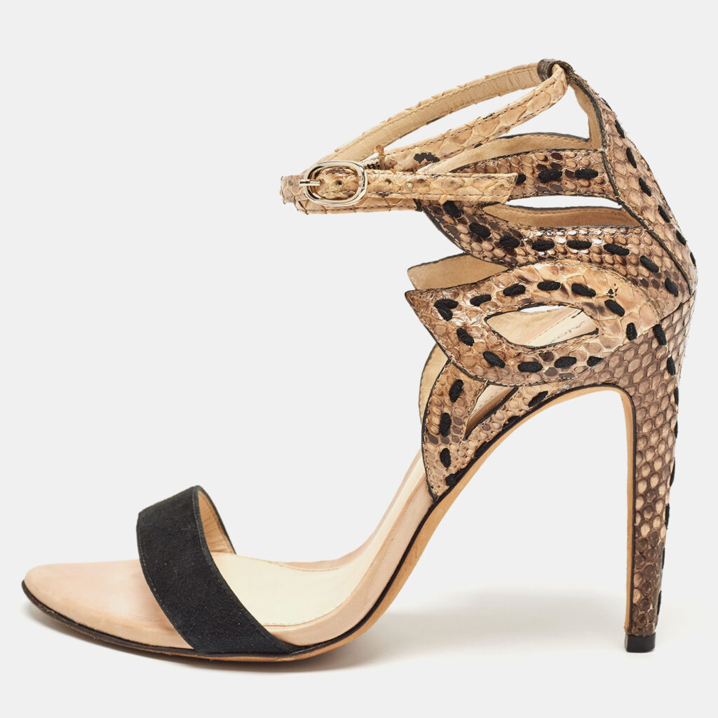 luxury-women-alexandre-birman-used-shoes-p947941-010 Alexandre Birman Tricolor Suede and Python Cut Out Ankle Strap Sandals Size 36.5