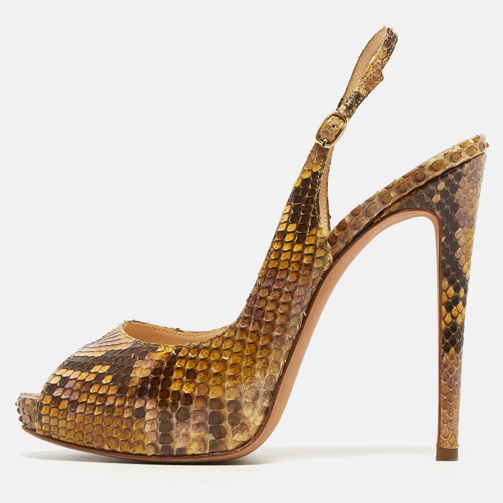luxury-women-alexandre-birman-used-shoes-p979649-010 Alexandre Birman Yellow/Brown Snakeskin Peep Toe Slingback Pumps Size 37