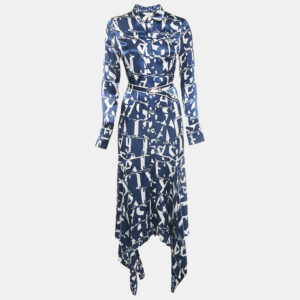 Alexis Blue/White Monogram Satin Asymmetric Marvella Dress XS