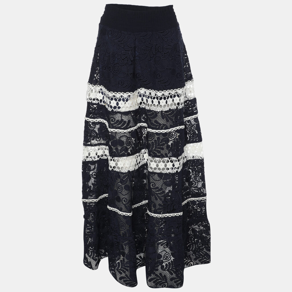 Alexis Navy Blue/White Lace Embroidered Maxi Skirt L