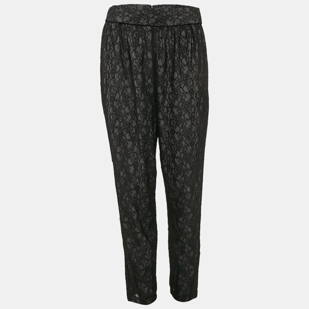 Alice + Olivia Black Floral Lace Trousers L