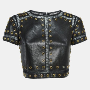 Alice + Olivia Black Lace Trim Leather Studded Crop Top XS