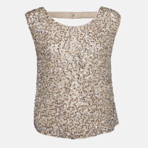 Alice + Olivia Beige Sequin and Beads Embellished Chiffon Sleeveless Top M