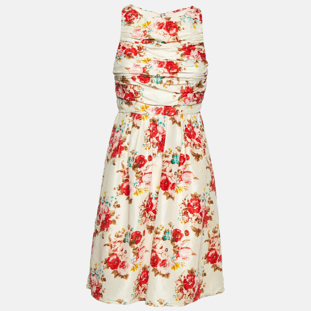 luxury-women-alice-olivia-used-clothes-p1114536-001 Alice + Olivia White Floral Print Crepe Pleated Sleeveless Mini Dress S