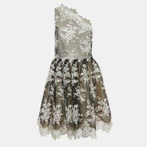 Alice + Olivia Black Embroidered Tulle One-Shoulder Mini Morganne Dress M