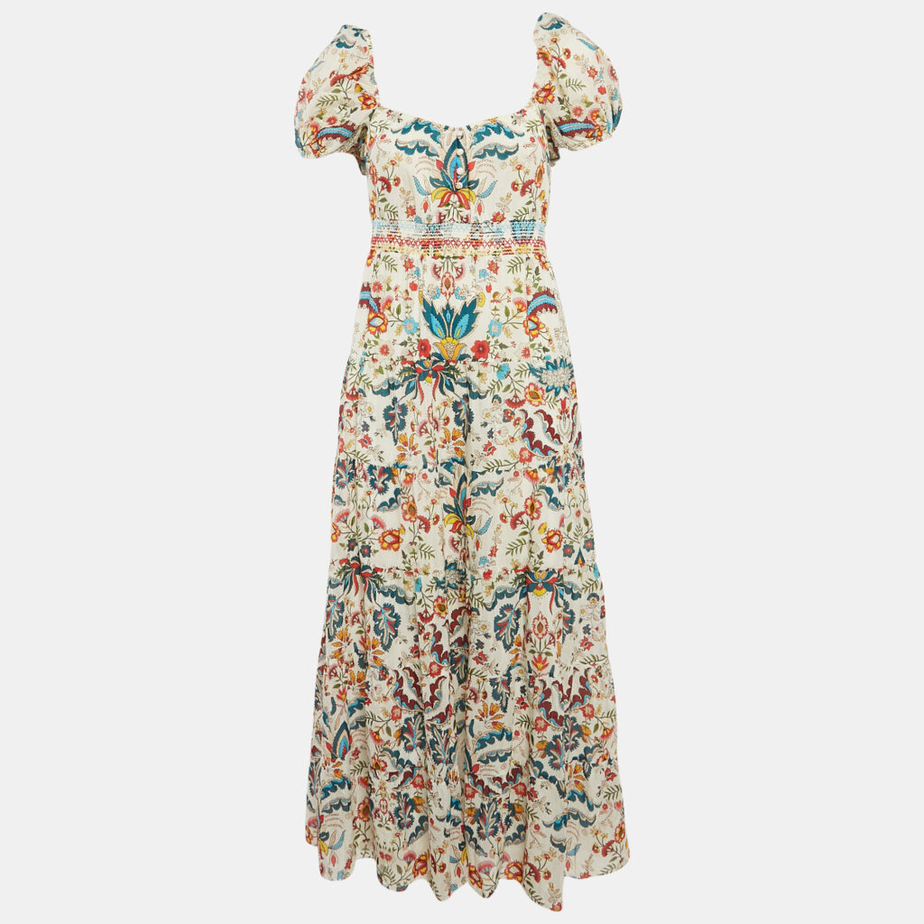 luxury-women-alice-olivia-used-clothes-p1122984-003 Alice + Olivia White Floral Print Smocked Long Dress M