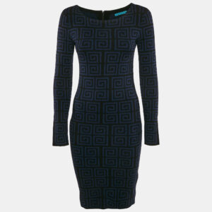 Alice + Olivia Blue/Black Patterned Wool Knit Knee-Length Dress M