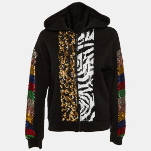 Alice + Olivia Jeans Black Cotton Knit Embellished Zip Front Hoodie M