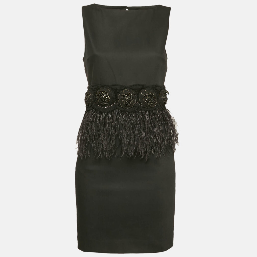 luxury-women-alice-olivia-used-clothes-p1161705-002 Alice + Olivia Black Feather Trim Crepe Marigay Rosette Peplum Dress S