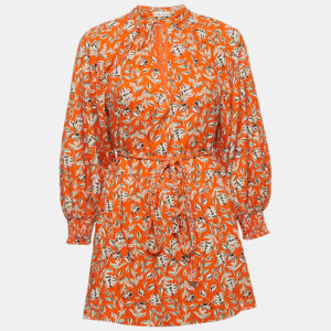 Alice + Olivia Orange Lilian Floral Linen Blend Belted Mini Dress S