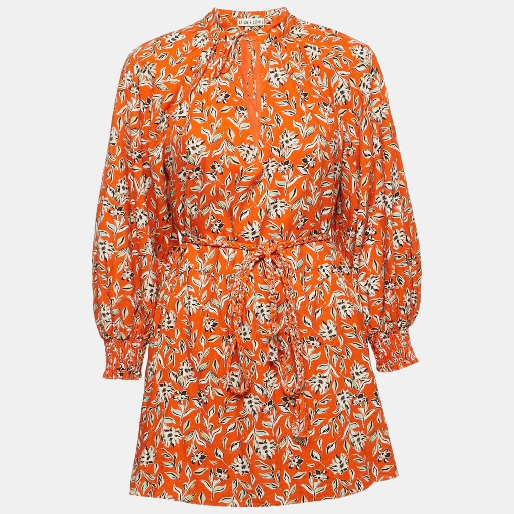 Alice + Olivia Orange Lilian Floral Linen Blend Belted Mini Dress S
