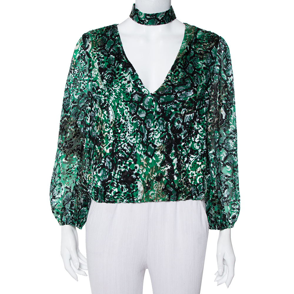 luxury-women-alice-olivia-used-clothes-p408974-003 Alice + Olivia Green Animal Printed Devore Faux Wrap Choker Detail Top L
