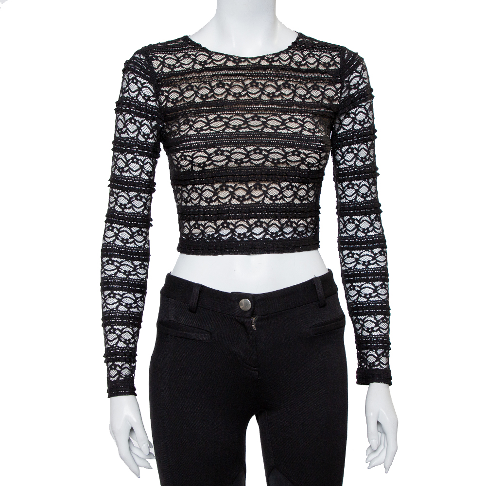 luxury-women-alice-olivia-used-clothes-p418558-002 Alice + Olivia Black Lace Long Sleeve Rilo Crop Top XS