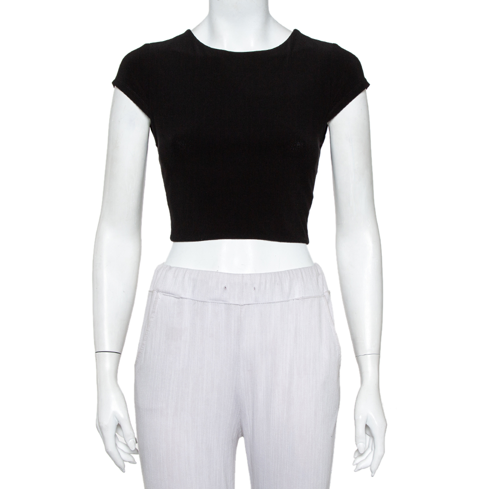 luxury-women-alice-olivia-used-clothes-p418562-002 Alice + Olivia Black Knit Back Open Detail Short Sleeve Crop Top XS