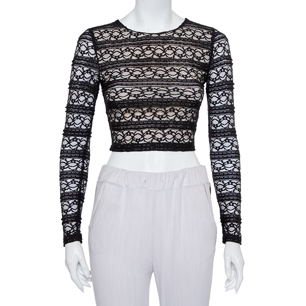 luxury-women-alice-olivia-used-clothes-p424083-002 Alice + Olivia Black Lace Long Sleeve Rilo Crop Top XS