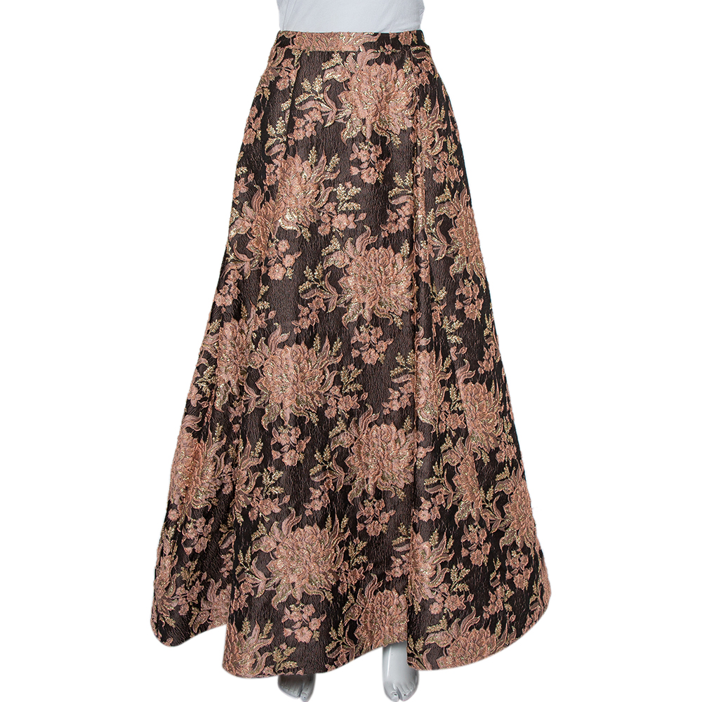 luxury-women-alice-olivia-used-clothes-p440371-007 Alice + Olivia Brown Lurex Floral Jacquard Pleated Rachelle Maxi Skirt S