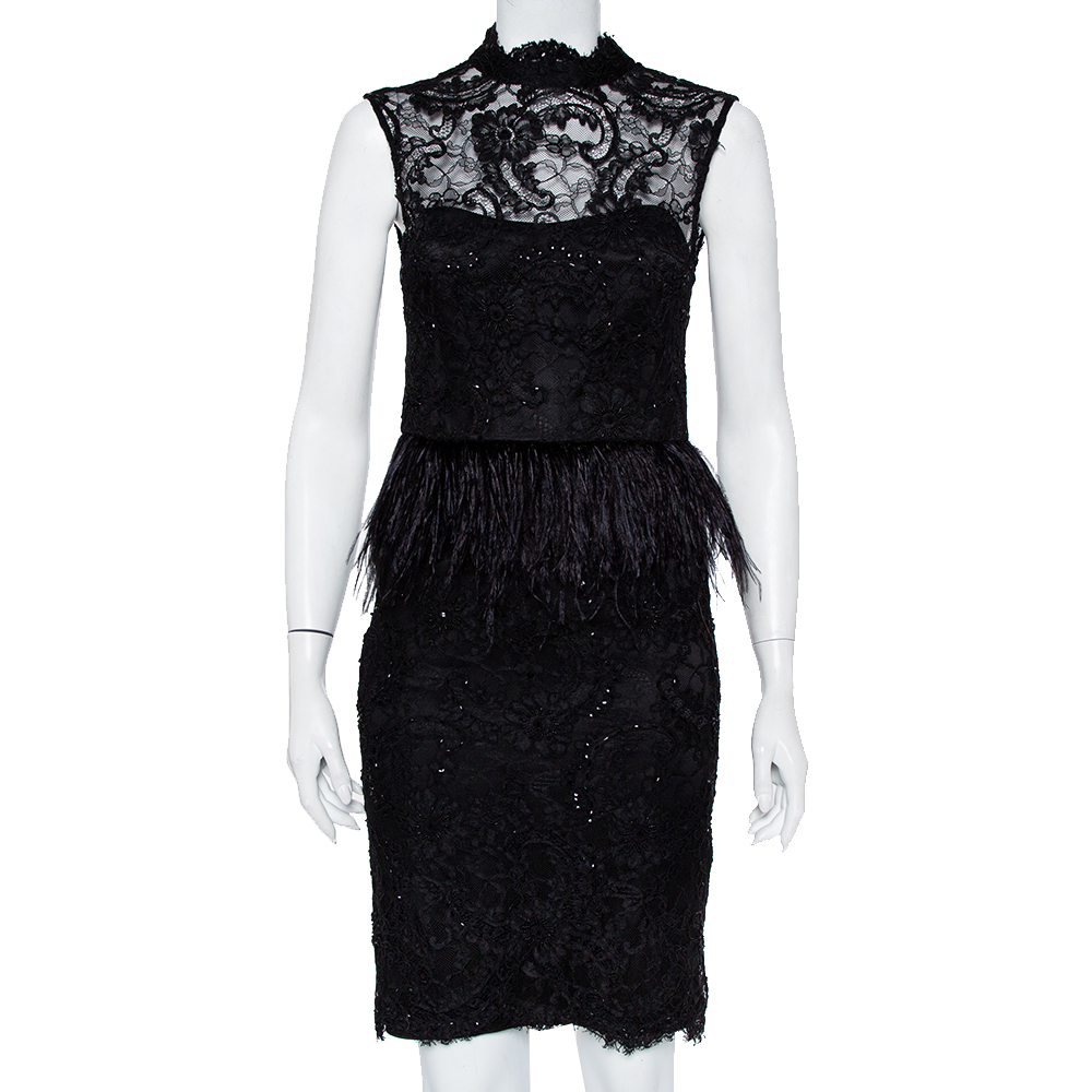 luxury-women-alice-olivia-used-clothes-p442237-002 Alice + Olivia Black Embellished Lace & Feather Trim Patricia Peplum Dress S