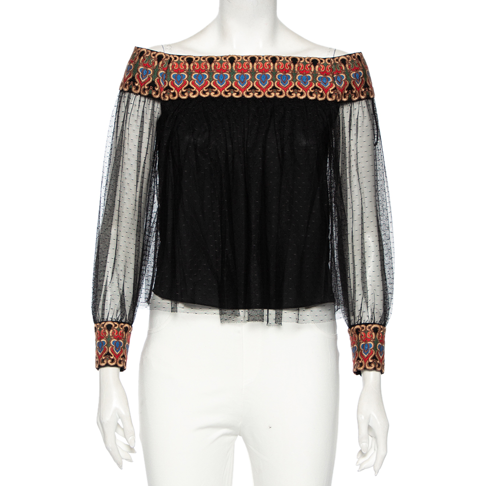 luxury-women-alice-olivia-used-clothes-p489745-005 Alice + Olivia Black Embroidered Tulle Off-Shoulder Blouse XS