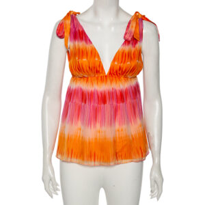 Alice + Olivia Orange & Pink Silk Plunge Neck Tie-Up Detail Top S