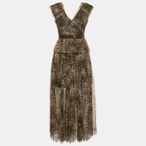 All Saints Brown Leopard Print Tulle Pleated Midi Dress S