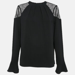 All Saints Black Crepe Lace Trimmed Shoulder Top L