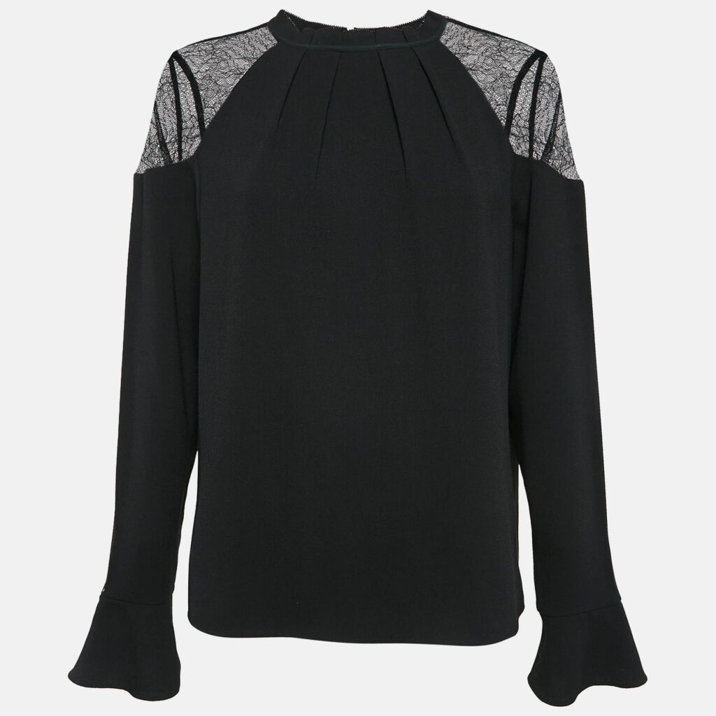 All Saints Black Crepe Lace Trimmed Shoulder Top L