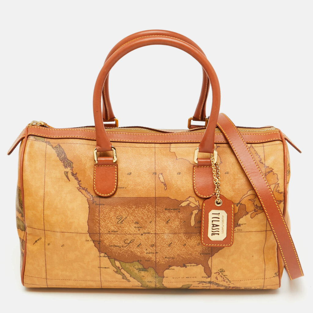 Alviero Martini 1A Classe Tan Geo Classic Print Coated Canvas and Leather Boston Bag