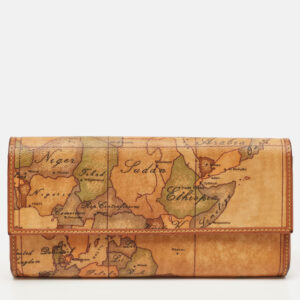 Alviero Martini 1A Classe Tan Geo Print Coated Canvas and Leather Flap Continental Wallet