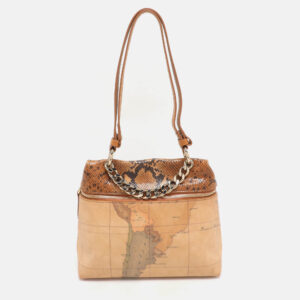 Alviero Martini 1A Classe Tan Geo Canvas and Python Embossed Leather Top Handle Bag