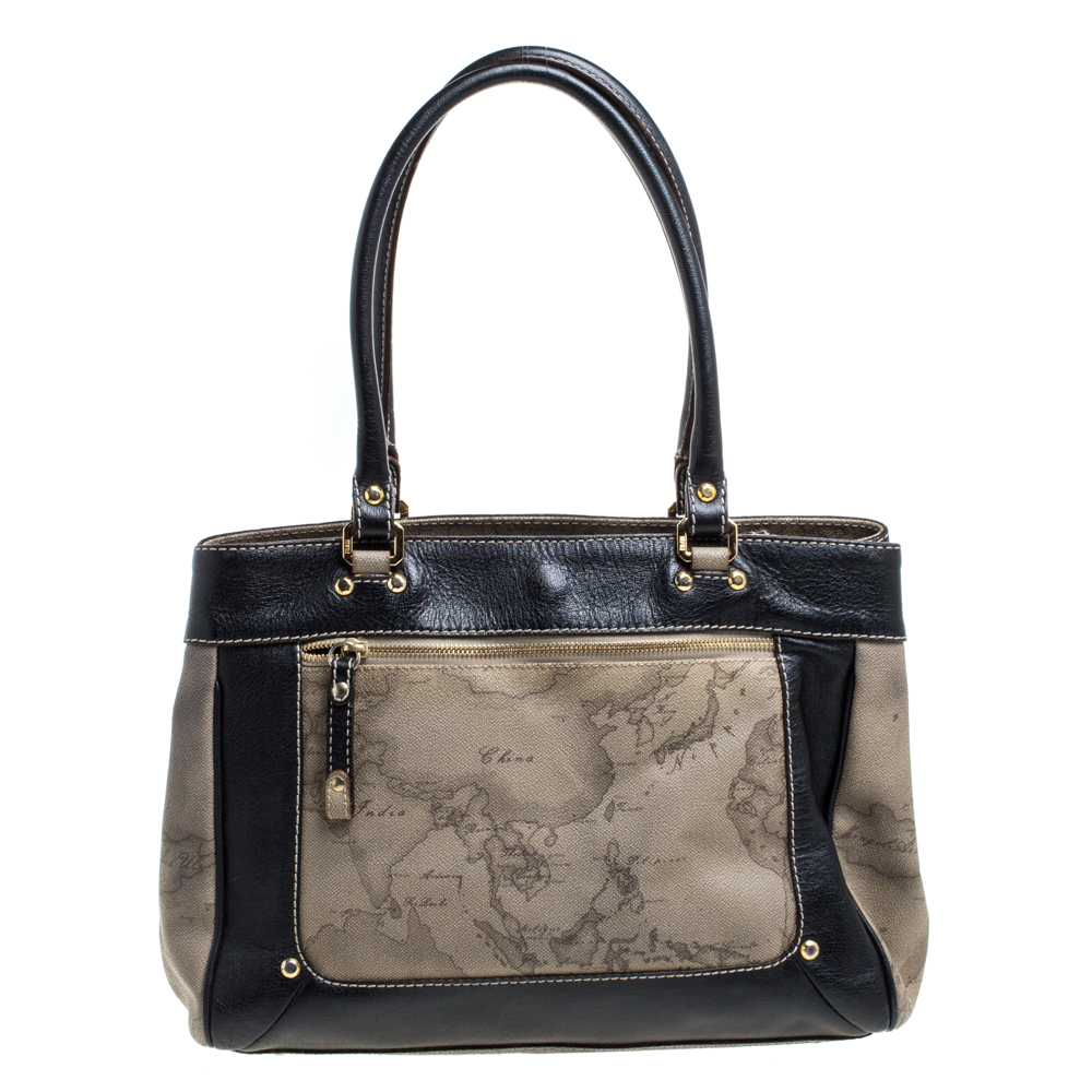 luxury-women-alviero-martini-1a-classe-used-handbags-p367949-005 Alviero Martini 1A Classe Black/Beige Geo Print Coated Canvas and Leather Tote
