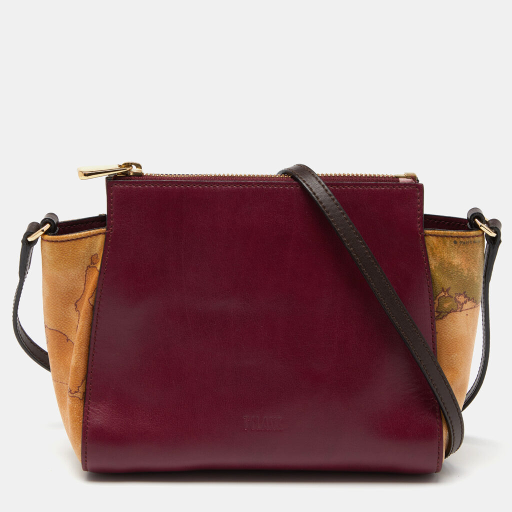 luxury-women-alviero-martini-1a-classe-used-handbags-p912381-010 Alviero Martini 1A Classe Burgundy/Tan Geo Print Coated Canvas and Leather Crossbody Bag