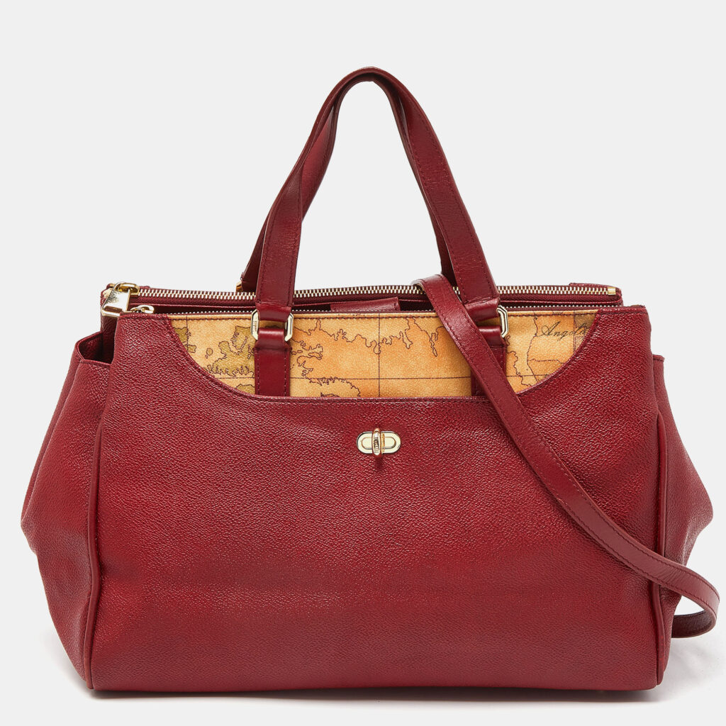 luxury-women-alviero-martini-1a-classe-used-handbags-p949358-013 Alviero Martini 1A Classe Red/Beige Geo Print Coated Canvas and Leather Tote