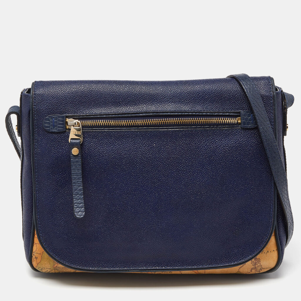 luxury-women-alviero-martini-1a-classe-used-handbags-p949586-011 Alviero Martini 1A Classe Tan/Blue Geo Print Coated Canvas and Leather Crossbody Bag