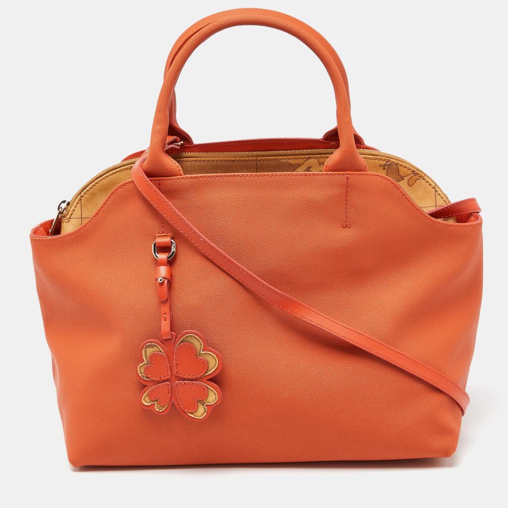 luxury-women-alviero-martini-1a-classe-used-handbags-p949610-011 Alviero Martini 1A Classe Orange/Tan Geo Print Coated Canvas Satchel