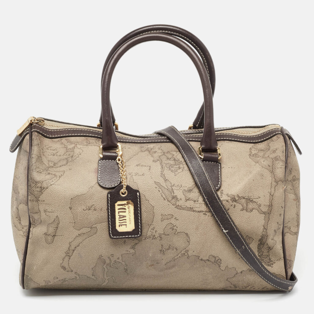 luxury-women-alviero-martini-1a-classe-used-handbags-p977008-020 Alviero Martini 1A Classe Grey/Brown Geo Print Coated Canvas and Leather Satchel