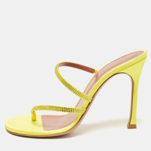 Amina Muaddi Yellow Satin Crystal Embellished Ami Slide Sandals Size 38.5