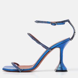 Amina Muaddi Blue Leather Gilda Ankle Strap Sandals Size 39