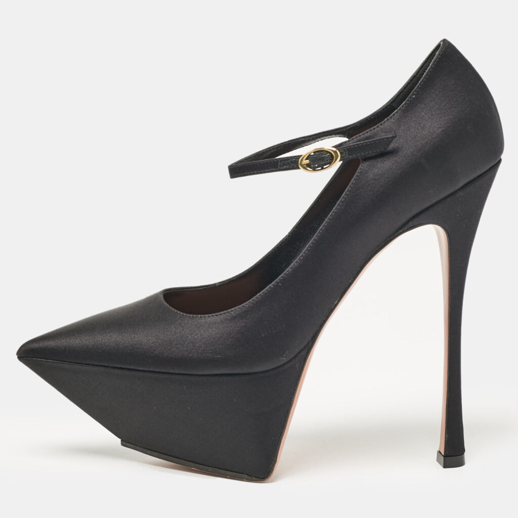 luxury-women-amina-muaddi-used-shoes-p1073631-001 Amina Muaddi Black Satin Yigit Platform Pumps Size 39.5