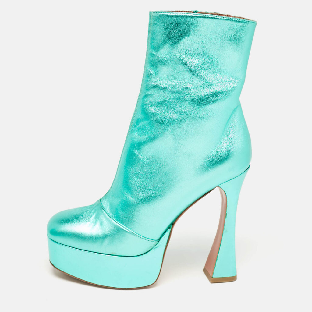 luxury-women-amina-muaddi-used-shoes-p1087651-010 Amina Muaddi Metallic Green Leather Platform Ankle Boots Size 39