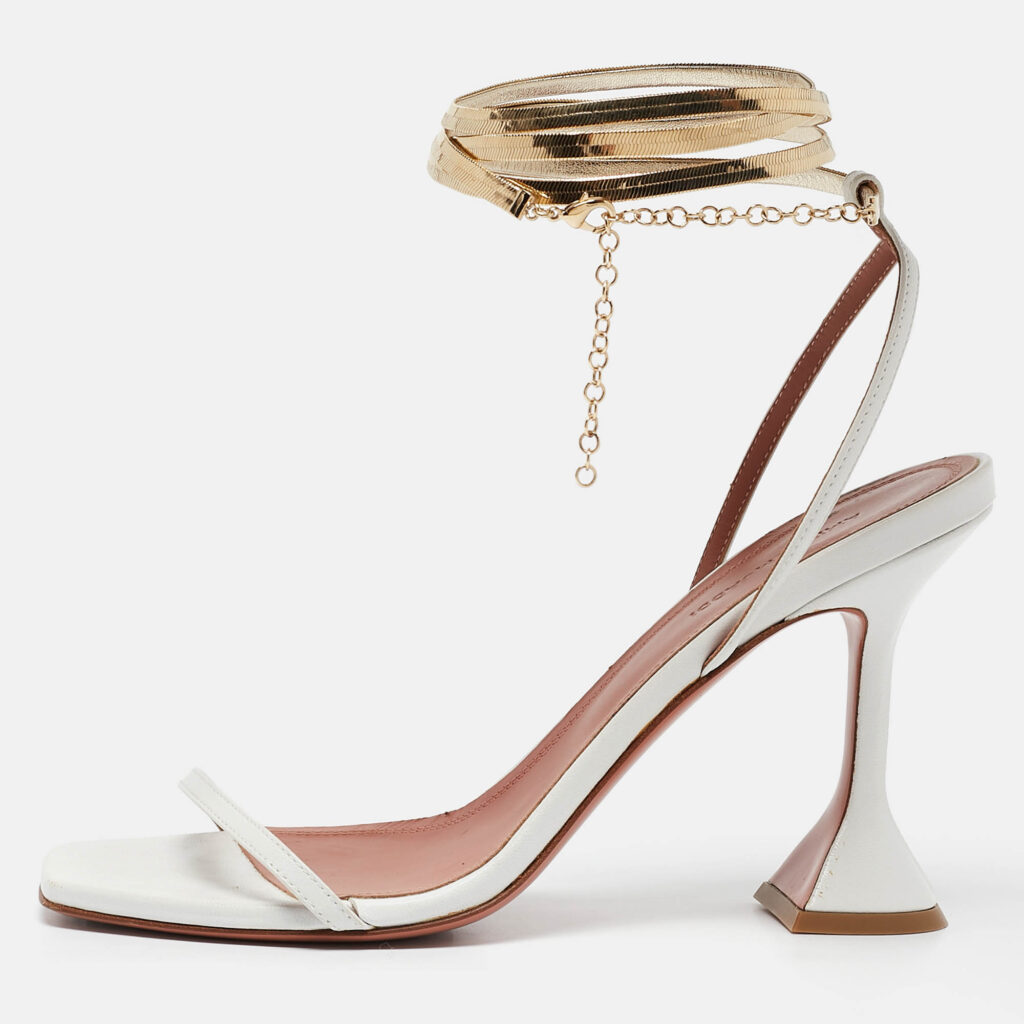 luxury-women-amina-muaddi-used-shoes-p1088439-010 Amina Muaddi White Leather And Chain Ankle Strap Sandals Size 38.5