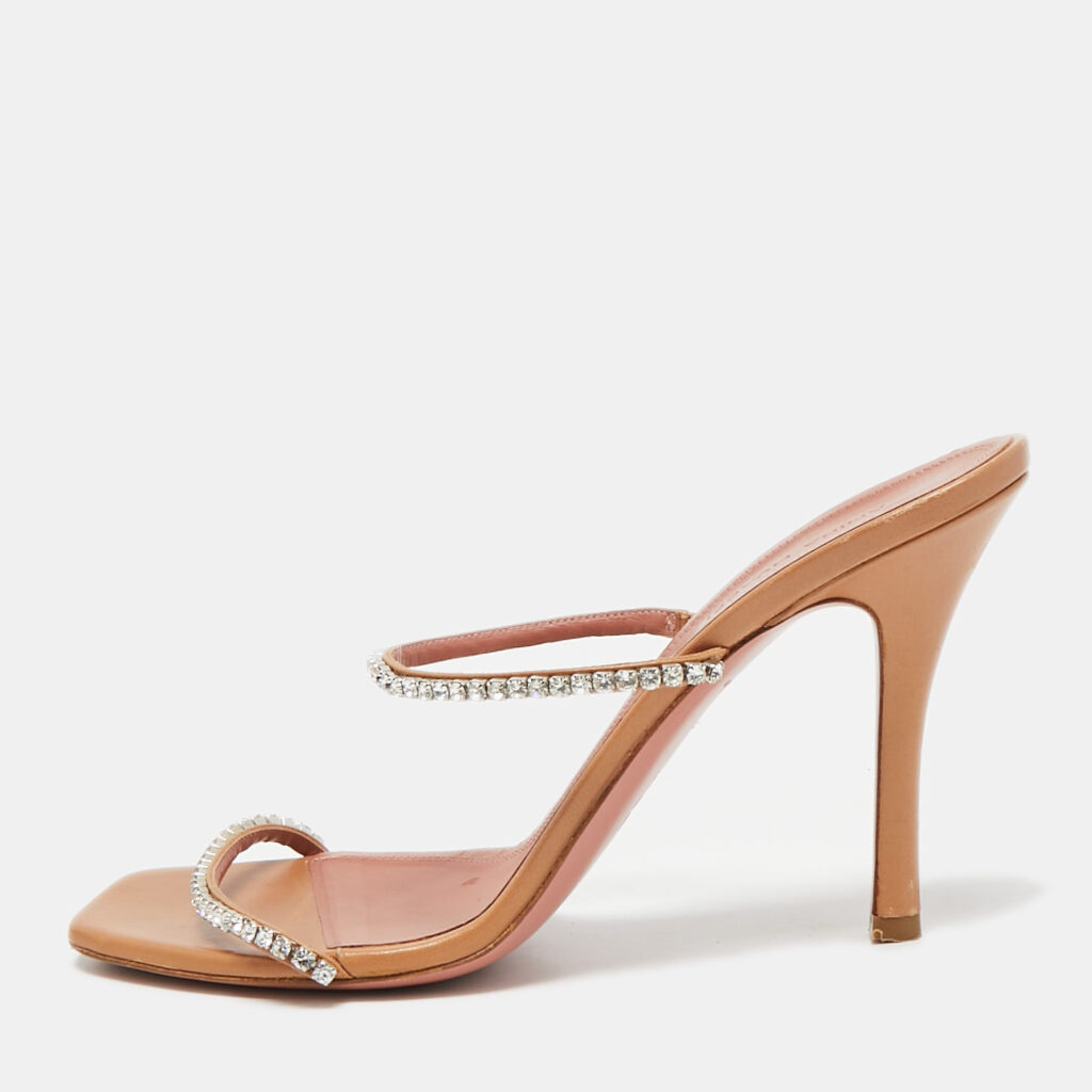 luxury-women-amina-muaddi-used-shoes-p1088727-001 Amina Muaddi Brown Leather Gilda Slide Sandals Size 40