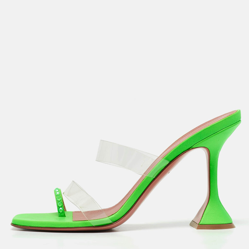 luxury-women-amina-muaddi-used-shoes-p1088833-010 Amina Muaddi Green Leather and PVC lupita Slide Sandals Size 40