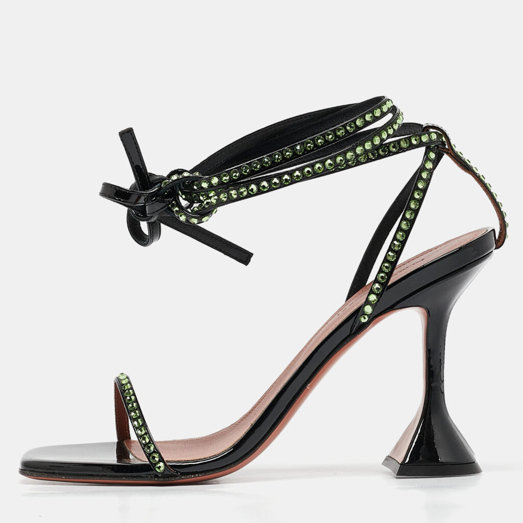 Amina Muaddi Black Patent Leather Crystal Embellished Vita Sandals Size 37.5