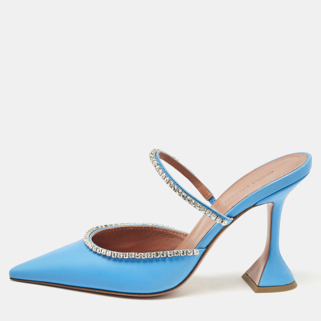 Amina Muaddi Blue Leather Gilda Pointed Toe Mules Size 38
