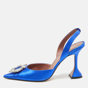 Amina Muaddi Blue Satin Begum Crystal Embellished Slingback Pumps Size 41
