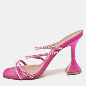 Amina Muaddi Pink Satin Naima Crystals Slide Sandals Size 38.5