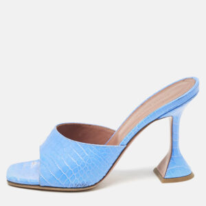Amina Muaddi Blue Croc Embossed Leather Lupita Slide Sandals Size 38