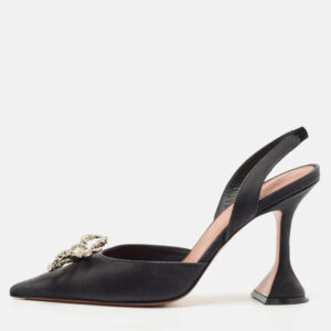 Amina Muaddi Black Satin Begum Crystal-Embellished Slingback Pumps Size 38